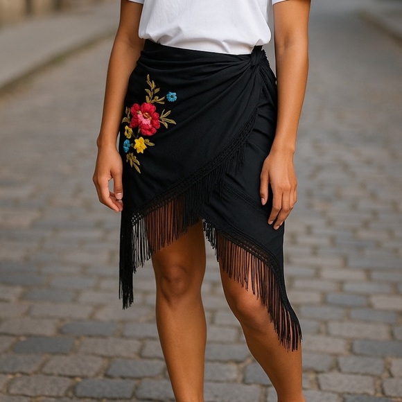 Floral Sarong Embroidered Black Triangle Maxi Shawl Coverup with Fringe Hem - Picture 3 of 12